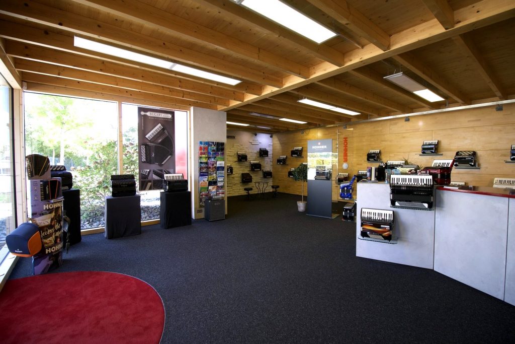 The shop at the Akkordeon Service Center in Pforzheim with Bugari and Hohner accordions